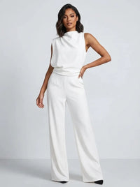Damen Hochkragen Ärmelloser Jumpsuit mit Weitem Bein und Taschen in Weiß