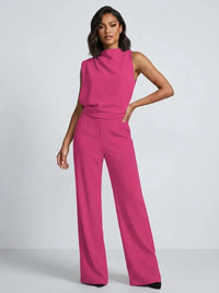 Damen Hochkragen Ärmelloser Jumpsuit mit Weitem Bein und Taschen in Rosa
