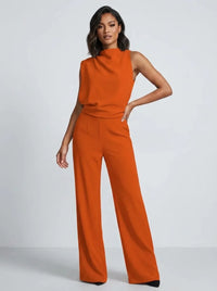Damen Hochkragen Ärmelloser Jumpsuit mit Weitem Bein und Taschen in Orange