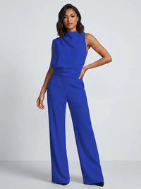 Damen Hochkragen Ärmelloser Jumpsuit mit Weitem Bein und Taschen in Blau