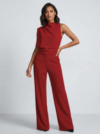 Damen Hochkragen Ärmelloser Jumpsuit mit Weitem Bein und Taschen in Rot