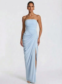 Olivia | Damen-Maxikleid mit Schnürung und seitlichem Schlitz in Himmelblau