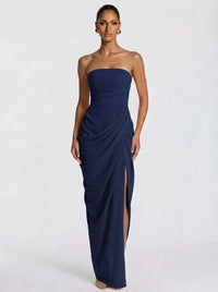 Olivia | Damen-Maxikleid mit Schnürung und seitlichem Schlitz in Marineblau