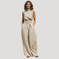 Ilaria | Damen Zweiteiler Rollkragen Oberteil Weite Hose Set in Khaki