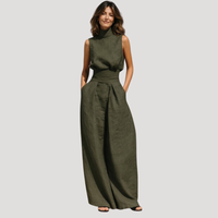 Ilaria | Damen Zweiteiler Rollkragen Oberteil Weite Hose Set in Militärgrün