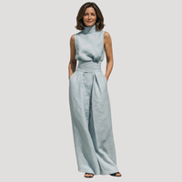 Ilaria | Damen Zweiteiler Rollkragen Oberteil Weite Hose Set in Hellblau