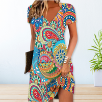 Ilonka | Damen Blumenkleid V-Ausschnitt Kurzarm Sommerkleid in Hellblau