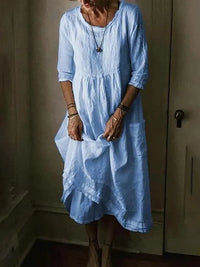 Wibke | Damen Midikleid Rundhals 3/4-Arm Weiter Schnitt in Blau