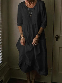Wibke | Damen Midikleid Rundhals 3/4-Arm Weiter Schnitt in Schwarz