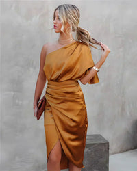 Elegantes Seidenkleid für Damen | Midi in Orange-Gold