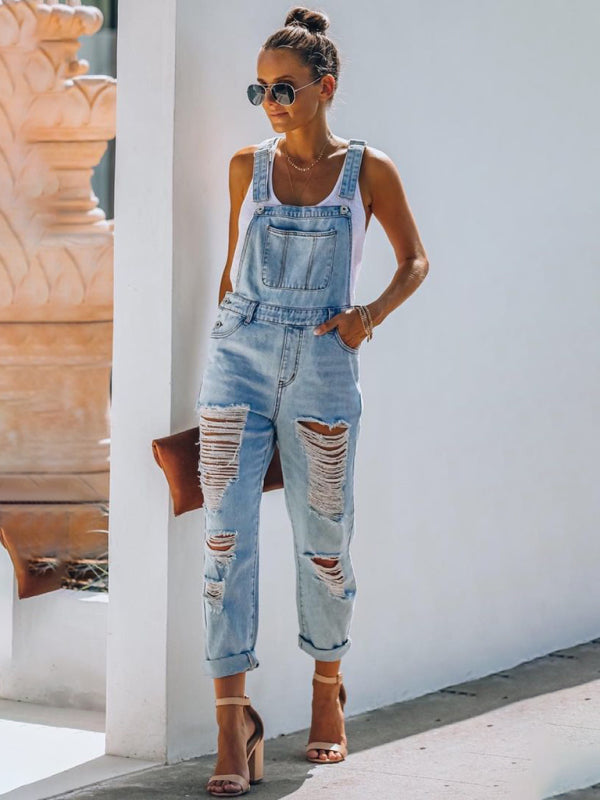 Fudus | Neuer Stil Lässiger Pendler Zerrissener Mid Waist Denim Overall