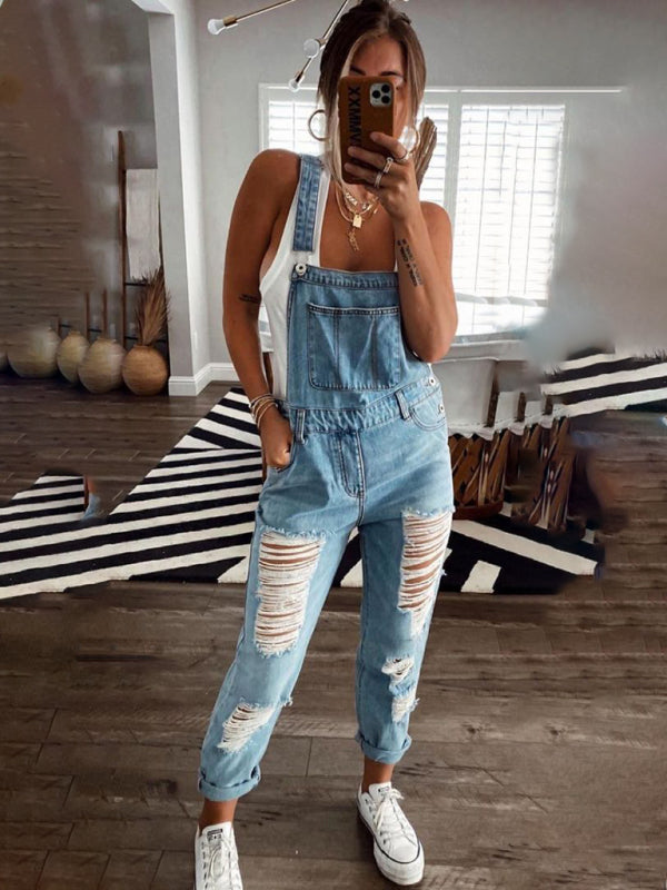 Fudus | Neuer Stil Lässiger Pendler Zerrissener Mid Waist Denim Overall