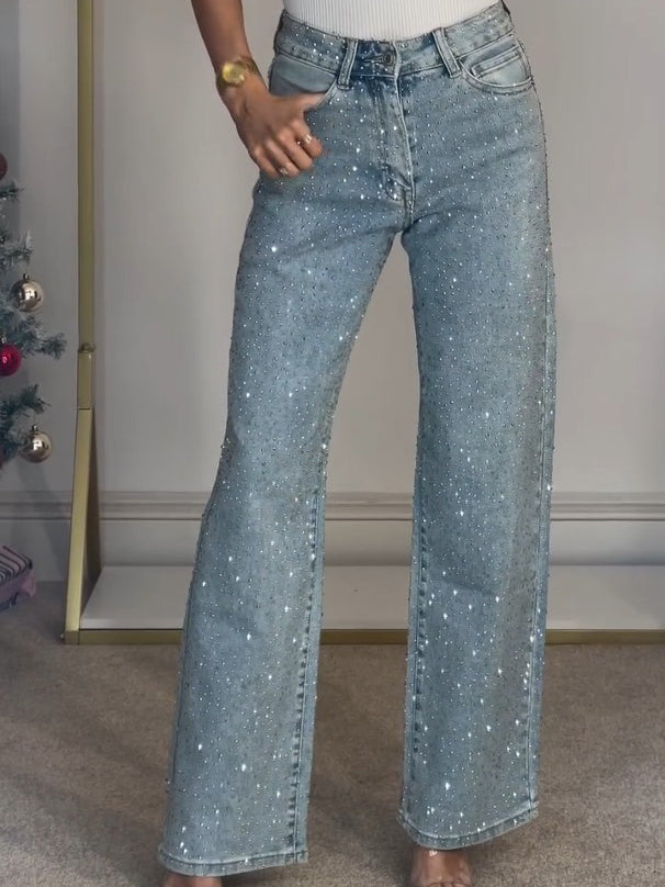 Amelie | Damenjeans Hohe Taille, Glitzernde Details, Dunkelblau