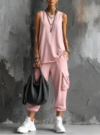 Valentina | Damen ärmelloses V-Ausschnitt-Set mit Taschen in Rosa