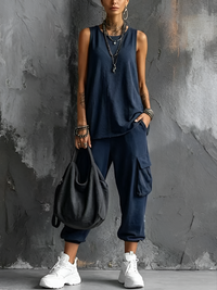 Valentina | Damen ärmelloses V-Ausschnitt-Set mit Taschen in Marineblau