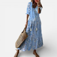 Fiona | Damen Maxikleid Kurzarm V-Ausschnitt Blumenmuster Romantisch in Hellblau