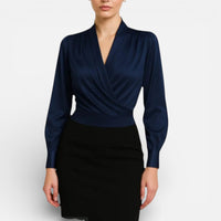 Élodie | Damen Bluse Langarm V-Ausschnitt Wickeloptik Feminin Elegant in Blau