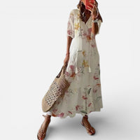 Fiona | Damen Maxikleid Kurzarm V-Ausschnitt Blumenmuster Romantisch in Cremefarben