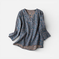 Hanna | Damen Tunika Langarm V-Ausschnitt Muster Casual Elegant in Blau