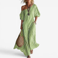 Inoni | Damen Off-Shoulder Gestreiftes Maxikleid in Kohlenstoffgrün