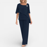 Aurore | Damen Hosenanzug Fließende Bluse Weite Hose Elegant Business in Dunkelblau