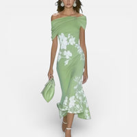Fiona | Damen Grünes Midikleid Blumenmuster Schultefrei Sommer Feminin in Grün