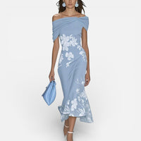 Fiona | Damen Grünes Midikleid Blumenmuster Schultefrei Sommer Feminin in Blau