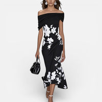 Fiona | Damen Grünes Midikleid Blumenmuster Schultefrei Sommer Feminin in Schwarz