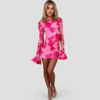 Pauline | Damen Minikleid Florales Mesh Glockenärmel Romantic Frühling in Rosa