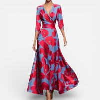 Léonie | Damen Maxikleid V-Ausschnitt Floral Romantisch Fließend Sommer in Rot