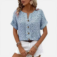 Rosine | Damen Bluse Blumenmuster Knopfleiste Feminin Casual Sommer in Blau