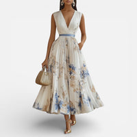 Amélie | Damen Midikleid Plissee V-Ausschnitt Fließend Elegant Feminin in Weiß