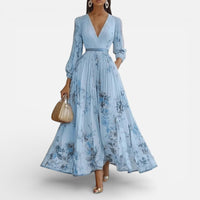 Amélie | Damen Midikleid Plissee V-Ausschnitt Fließend Elegant Feminin in Blau