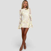 Pauline | Damen Minikleid Florales Mesh Glockenärmel Romantic Frühling in Gelb