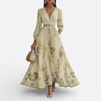Amélie | Damen Midikleid Plissee V-Ausschnitt Fließend Elegant Feminin in Gelb
