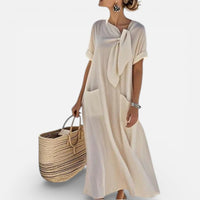 Mathilde | Damen Maxikleid Locker V-Ausschnitt Fließend Sommer Casual in Beige