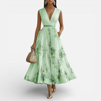 Amélie | Damen Midikleid Plissee V-Ausschnitt Fließend Elegant Feminin in Grün