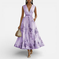 Amélie | Damen Midikleid Plissee V-Ausschnitt Fließend Elegant Feminin in Lila