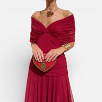 Éloise | Damen Schulterfreies Midikleid Drapierung Elegant Festlich in Rot