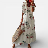 Fiona | Damen Maxikleid Kurzarm V-Ausschnitt Blumenmuster Romantisch in Weiß