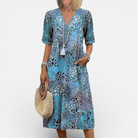 Aurore | Damen Midikleid V-Ausschnitt Muster Feminin Elegant Modern in Blau