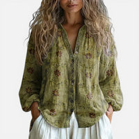 Anaïs | Damen Bluse V-Ausschnitt Florales Muster Feminin Sommer Casual in Grün