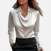 Éléonore | Damen Bluse Wasserfallausschnitt Langarm Elegant Feminin in Weiß