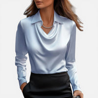 Éléonore | Damen Bluse Wasserfallausschnitt Langarm Elegant Feminin in Blau