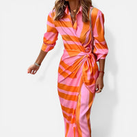 Mélanie | Damen Wickelkleid Streifen Taillengürtel Casual Feminin Modern in Orange