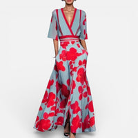 Rosalie | Damen Langes Kleid Blumenmuster V-Ausschnitt Fließend Sommer in Rot