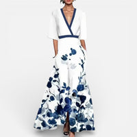Rosalie | Damen Langes Kleid Blumenmuster V-Ausschnitt Fließend Sommer in Weiß