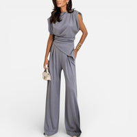 Clémence | Damen Jumpsuit Weitbein V-Ausschnitt Elegant Modern Festlich in Hellgrau