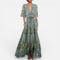 Rosalie | Damen Langes Kleid Blumenmuster V-Ausschnitt Fließend Sommer in Grün
