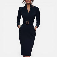 Célia | Damen Midikleid Gürtel V-Ausschnitt Tailliert Elegant Alltag in Schwarz